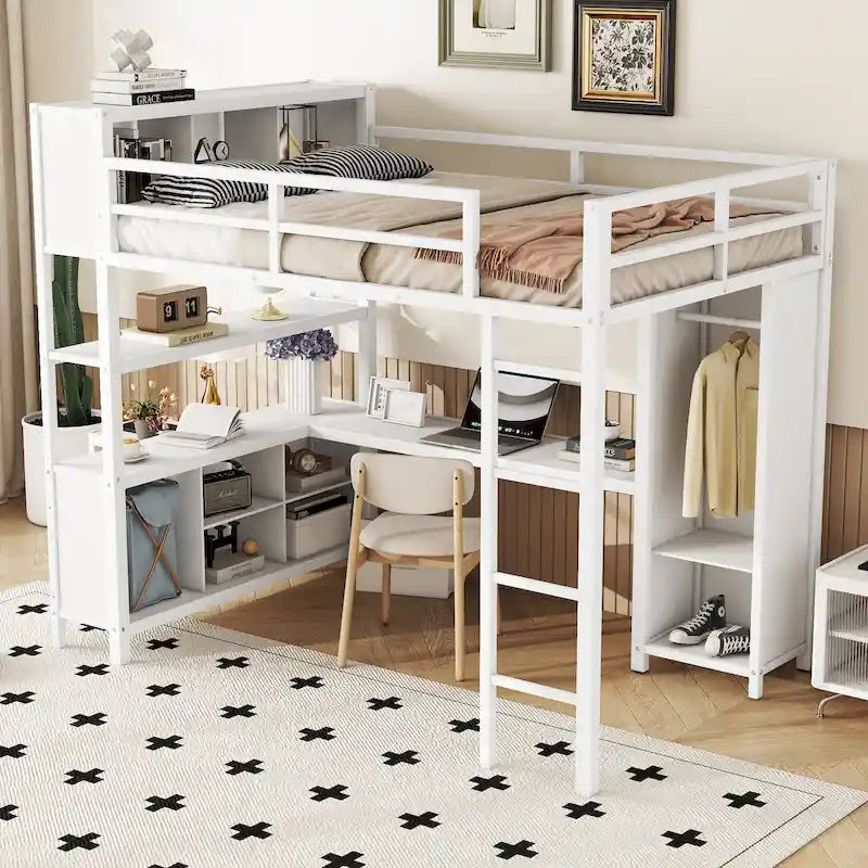 Lit mezzanine en métal format Full avec bureau en forme de L, armoire ouverte et étagères de rangement, blanc cassé noir
