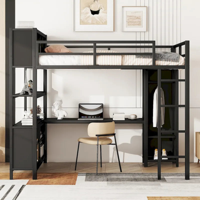Lit mezzanine en métal format Full avec bureau en forme de L, armoire ouverte et étagères de rangement, blanc cassé noir