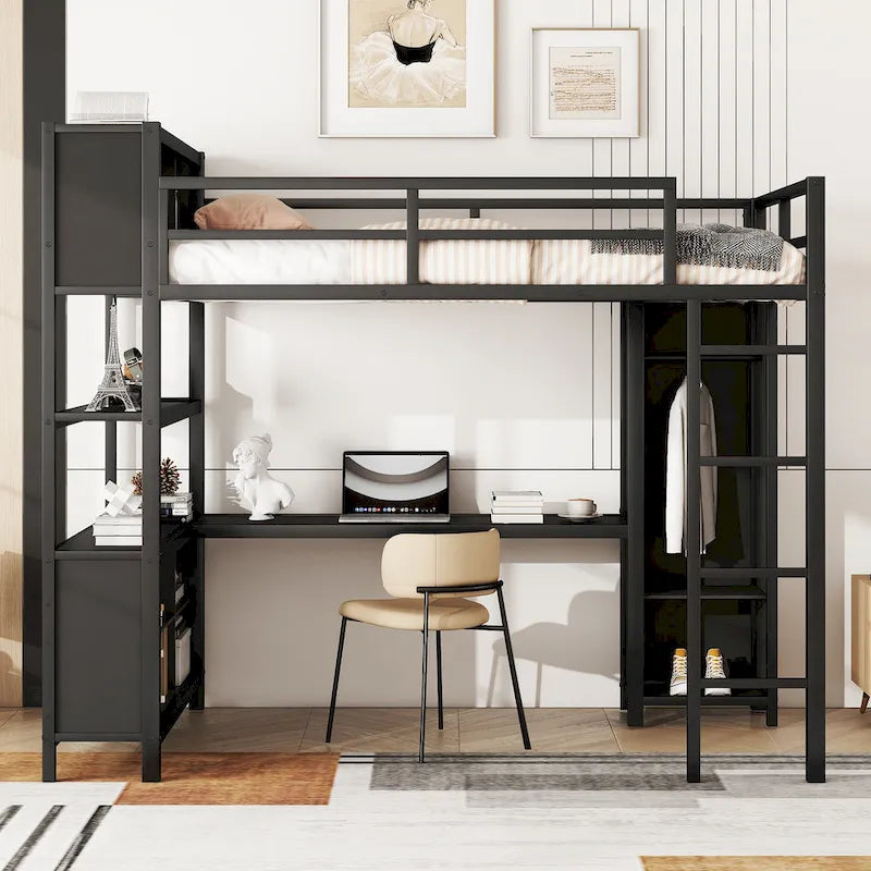 Een metalen hoogslaper voor tweepersoonsbed met L-vormig bureau, open kledingkast en opbergplanken, gebroken wit zwart