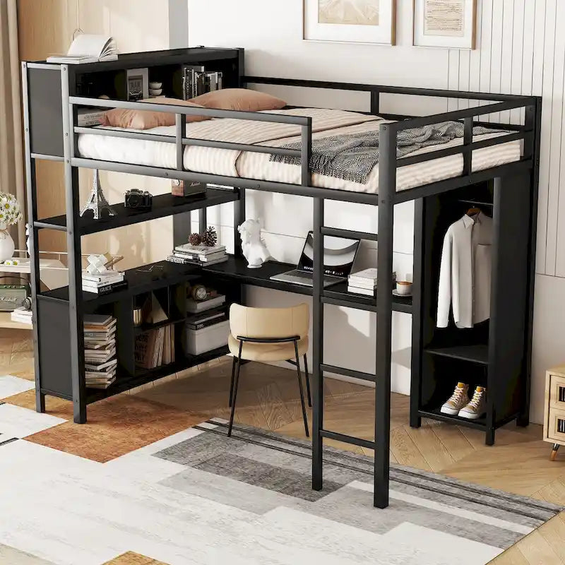 Een metalen hoogslaper voor tweepersoonsbed met L-vormig bureau, open kledingkast en opbergplanken, gebroken wit zwart