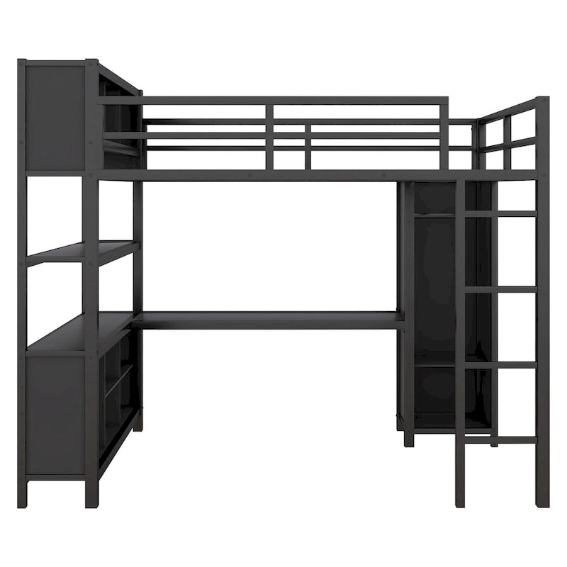 Een metalen hoogslaper voor tweepersoonsbed met L-vormig bureau, open kledingkast en opbergplanken, gebroken wit zwart