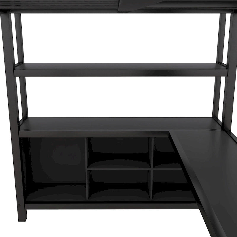 Lit mezzanine en métal format Full avec bureau en forme de L, armoire ouverte et étagères de rangement, blanc cassé noir