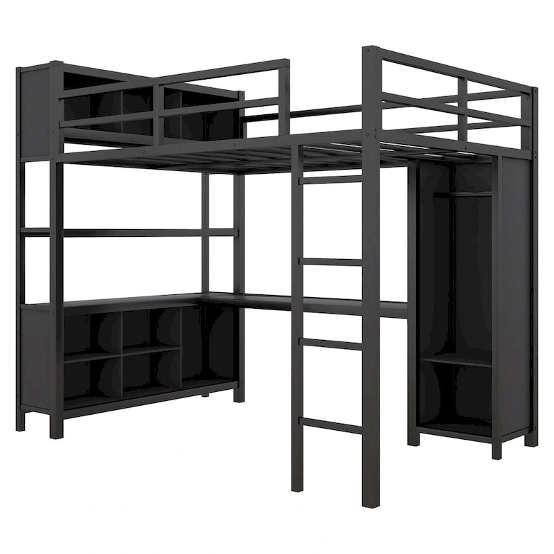 Een metalen hoogslaper voor tweepersoonsbed met L-vormig bureau, open kledingkast en opbergplanken, gebroken wit zwart