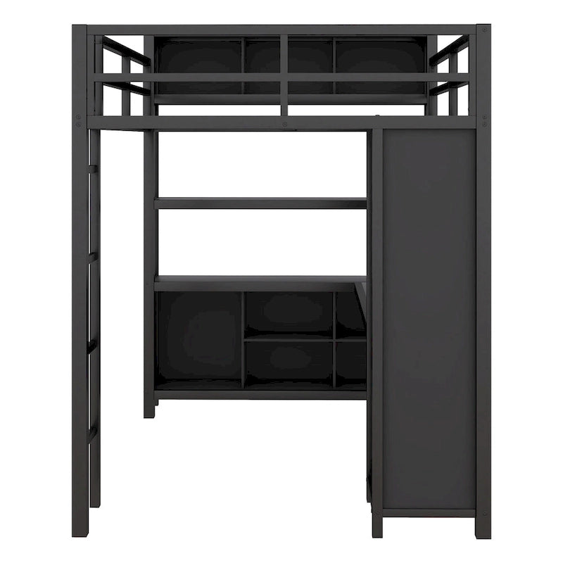 Een metalen hoogslaper voor tweepersoonsbed met L-vormig bureau, open kledingkast en opbergplanken, gebroken wit zwart