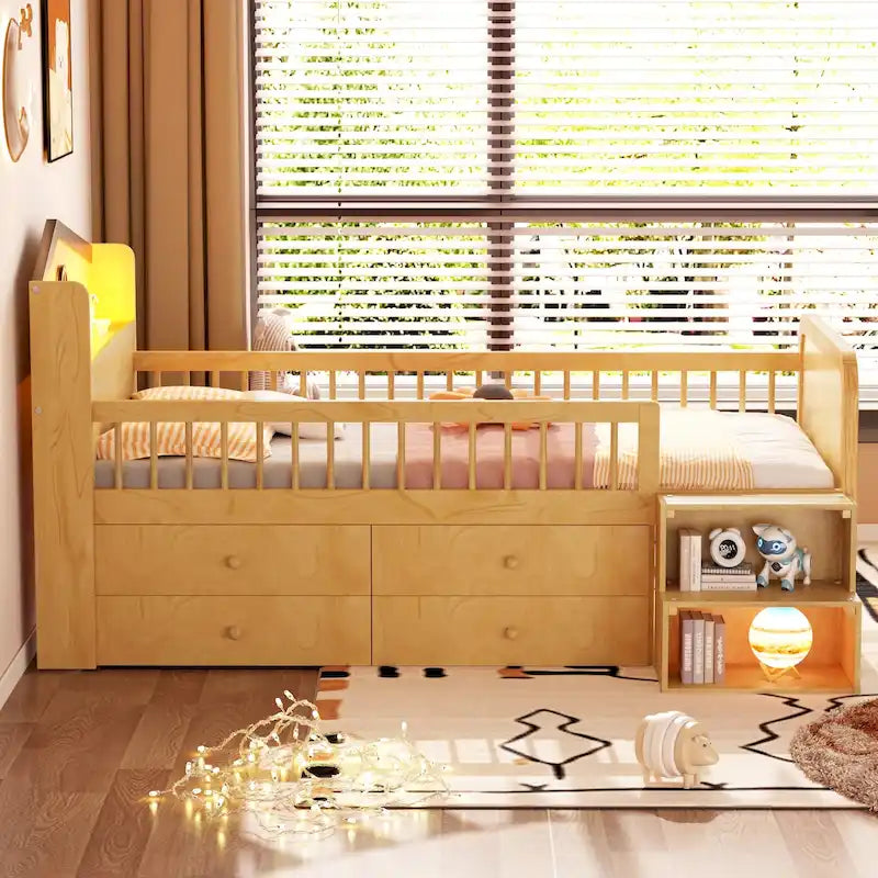 Cama de plataforma individual infantil con cabecero en forma de casa, luces LED, 4 cajones y barandillas laterales, blanco natural