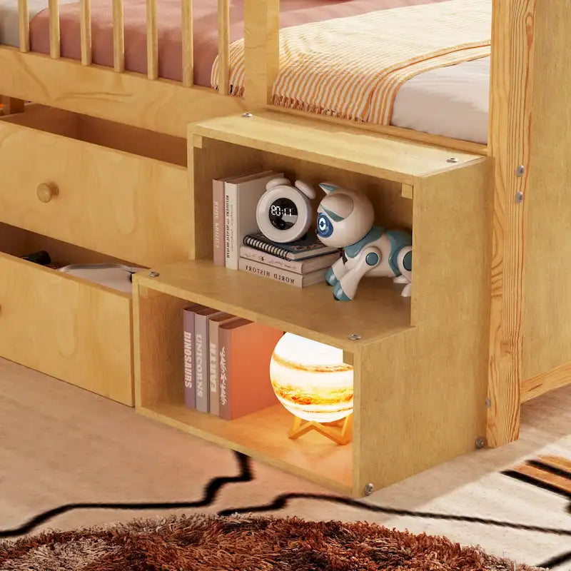 Cama de plataforma individual infantil con cabecero en forma de casa, luces LED, 4 cajones y barandillas laterales, blanco natural