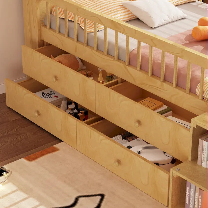 Cama de plataforma individual infantil con cabecero en forma de casa, luces LED, 4 cajones y barandillas laterales, blanco natural