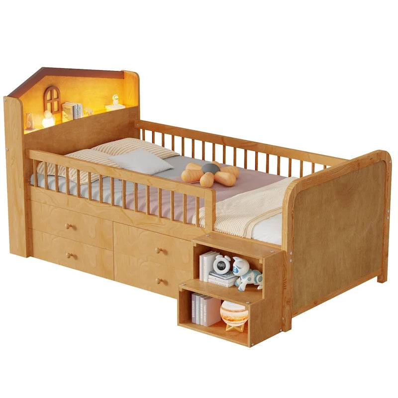 Cama de plataforma individual infantil con cabecero en forma de casa, luces LED, 4 cajones y barandillas laterales, blanco natural