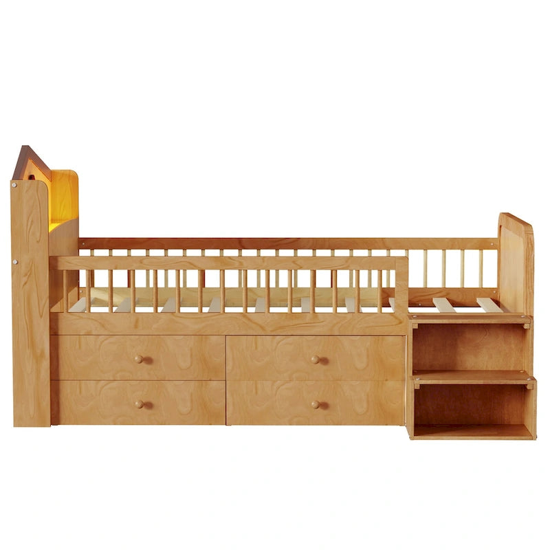 Cama de plataforma individual infantil con cabecero en forma de casa, luces LED, 4 cajones y barandillas laterales, blanco natural