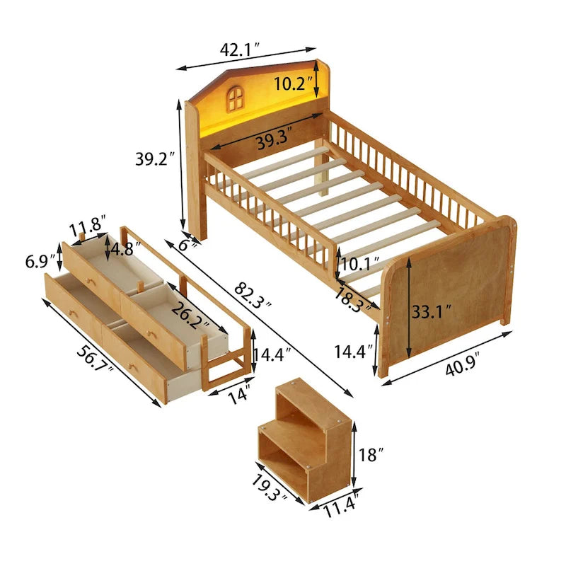 Cama de plataforma individual infantil con cabecero en forma de casa, luces LED, 4 cajones y barandillas laterales, blanco natural