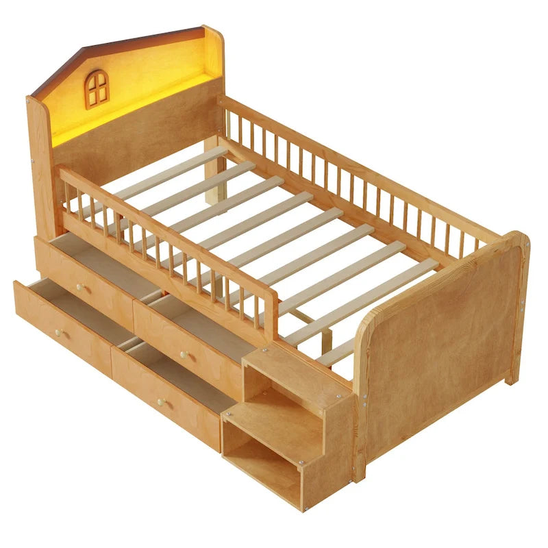 Cama de plataforma individual infantil con cabecero en forma de casa, luces LED, 4 cajones y barandillas laterales, blanco natural