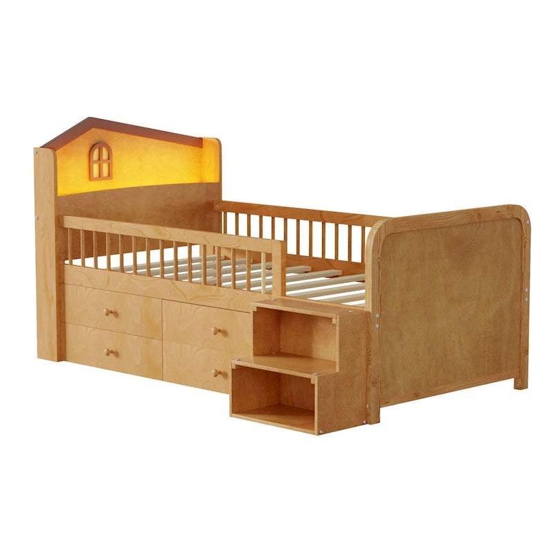 Cama de plataforma individual infantil con cabecero en forma de casa, luces LED, 4 cajones y barandillas laterales, blanco natural