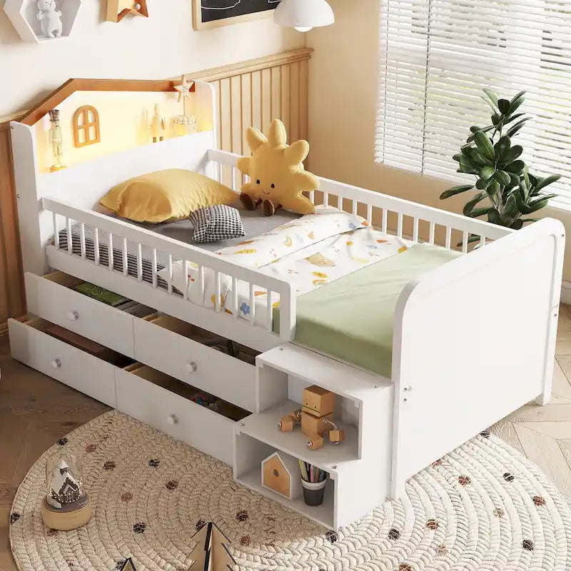 Cama de plataforma individual infantil con cabecero en forma de casa, luces LED, 4 cajones y barandillas laterales, blanco natural
