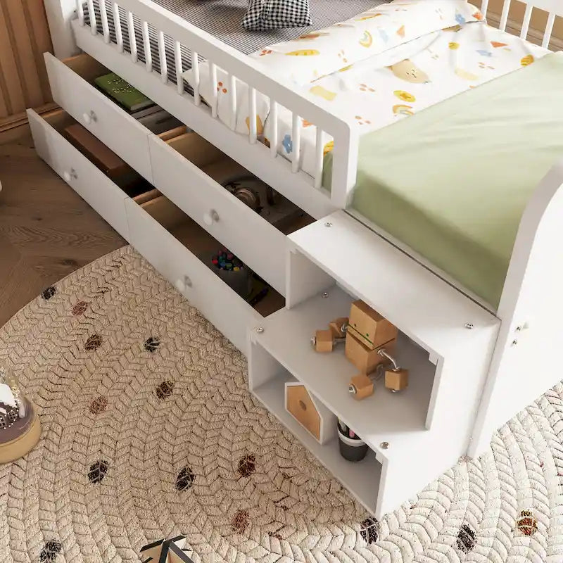 Cama de plataforma individual infantil con cabecero en forma de casa, luces LED, 4 cajones y barandillas laterales, blanco natural