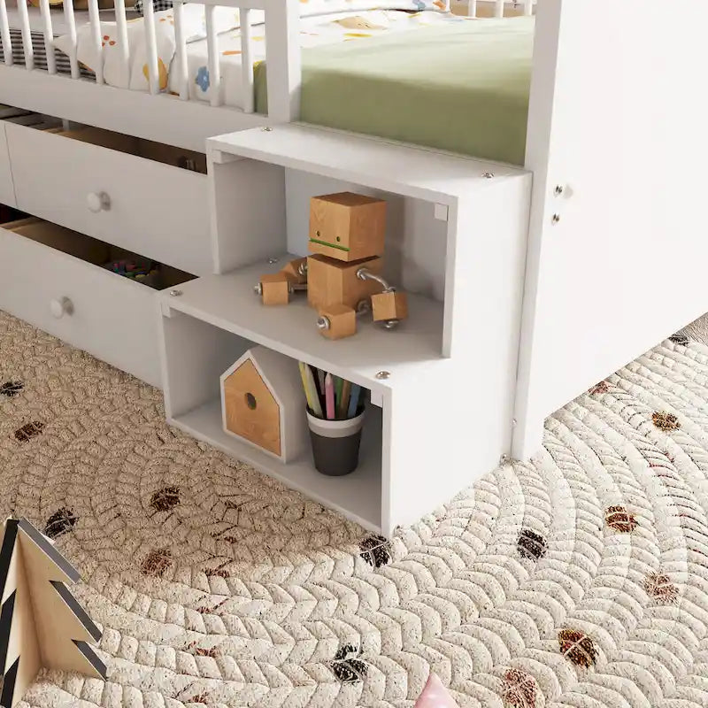 Cama de plataforma individual infantil con cabecero en forma de casa, luces LED, 4 cajones y barandillas laterales, blanco natural
