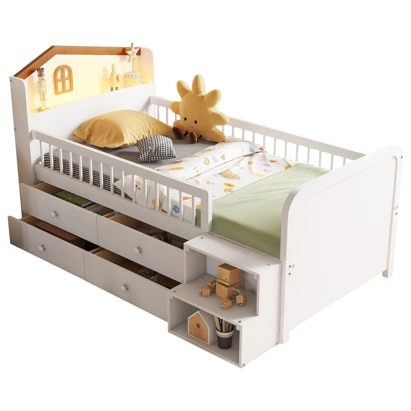 Cama de plataforma individual infantil con cabecero en forma de casa, luces LED, 4 cajones y barandillas laterales, blanco natural