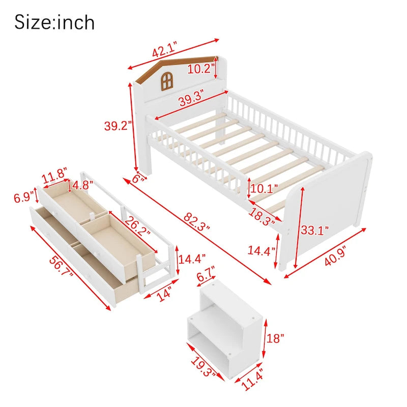Cama de plataforma individual infantil con cabecero en forma de casa, luces LED, 4 cajones y barandillas laterales, blanco natural