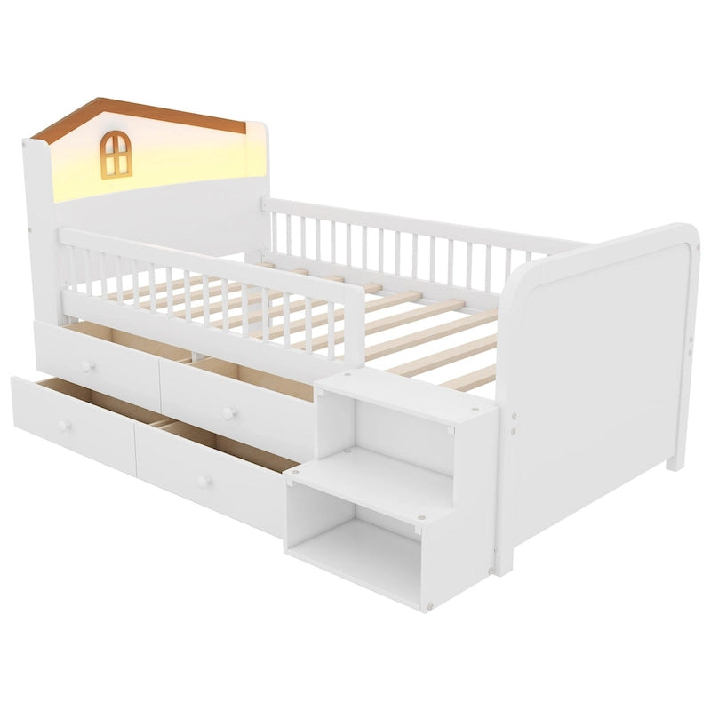 Cama de plataforma individual infantil con cabecero en forma de casa, luces LED, 4 cajones y barandillas laterales, blanco natural