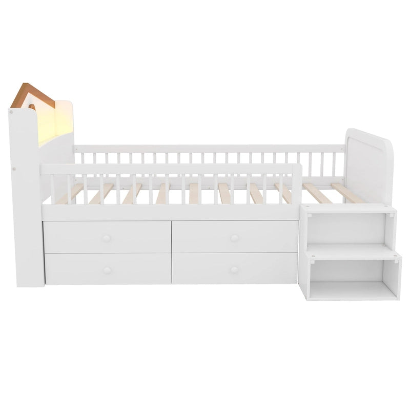 Cama de plataforma individual infantil con cabecero en forma de casa, luces LED, 4 cajones y barandillas laterales, blanco natural