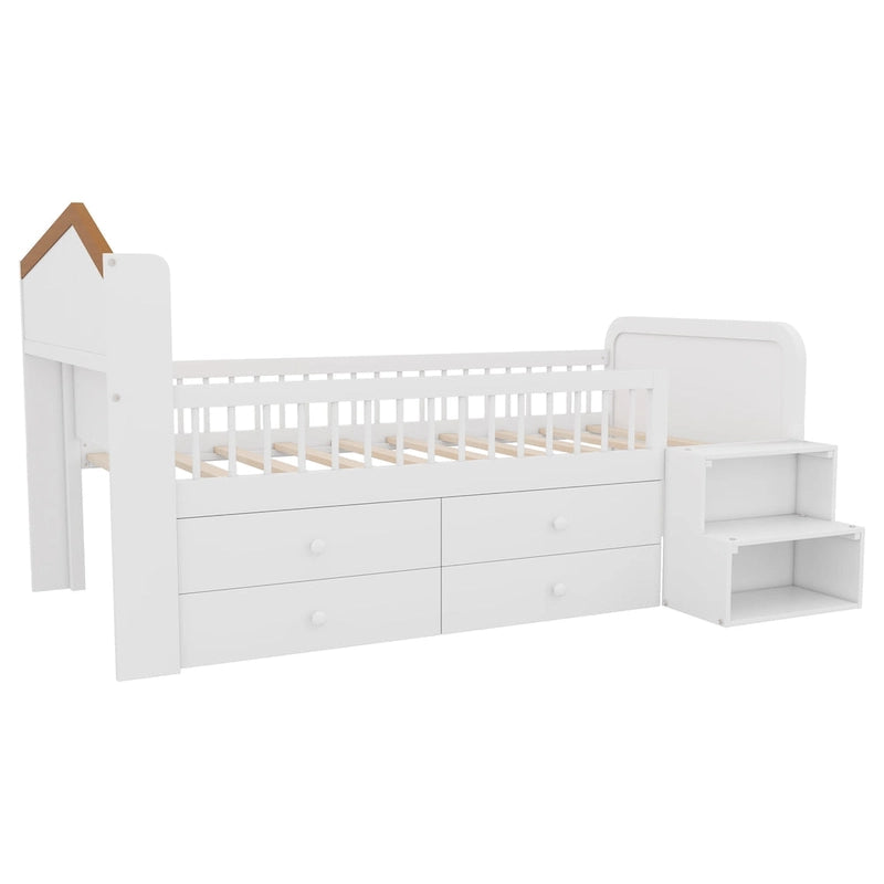 Cama de plataforma individual infantil con cabecero en forma de casa, luces LED, 4 cajones y barandillas laterales, blanco natural
