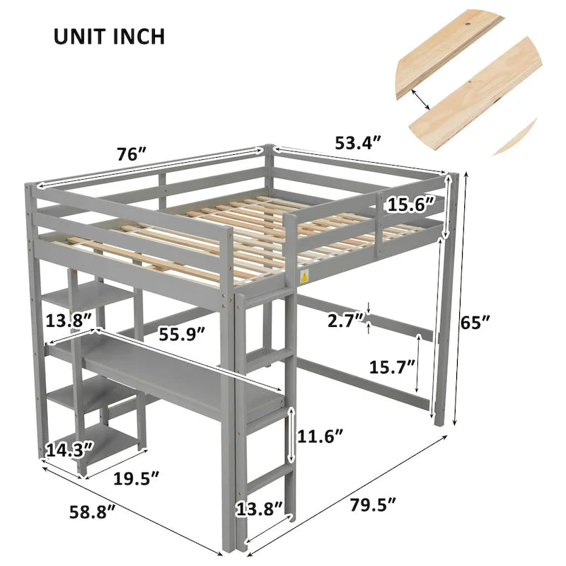 Lit mezzanine en pin format Full avec bureau, étagères à plusieurs niveaux et échelle, gris