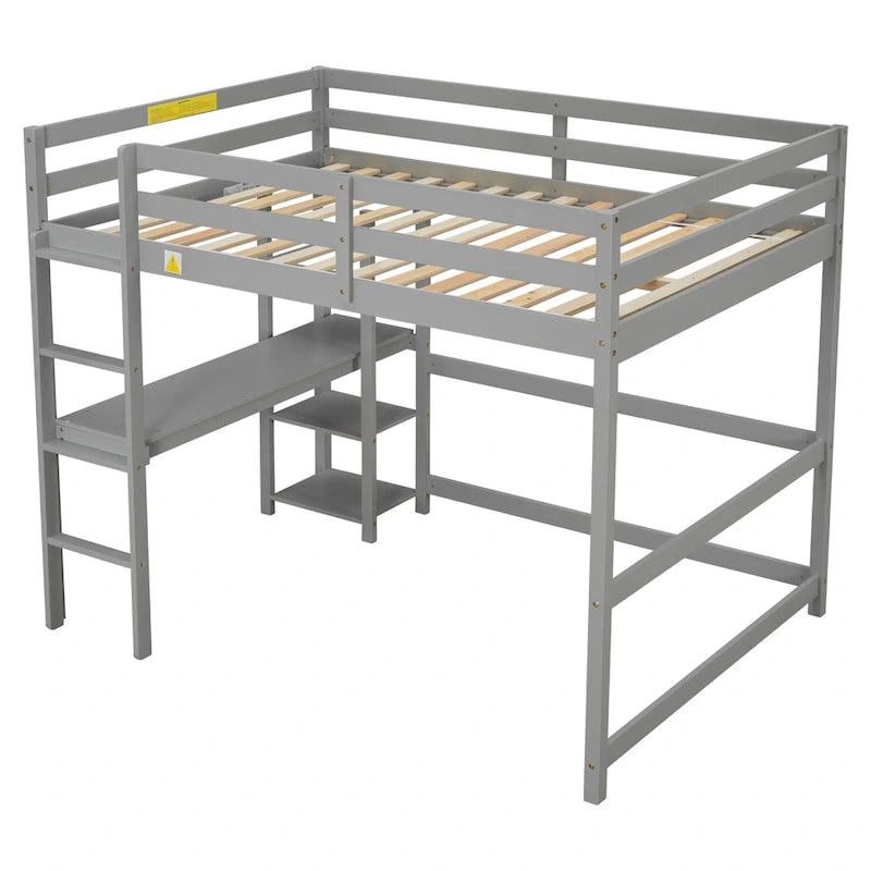 Lit mezzanine en pin format Full avec bureau, étagères à plusieurs niveaux et échelle, gris