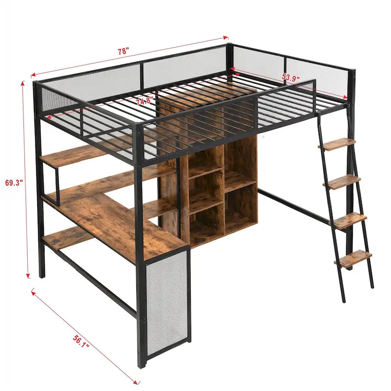 Lit mezzanine en métal grand format avec bureau, étagères à 3 niveaux et armoire ouverte, noir