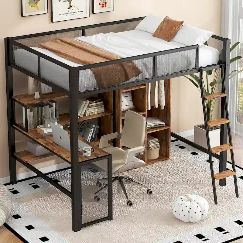 Lit mezzanine en métal grand format avec bureau, étagères à 3 niveaux et armoire ouverte, noir