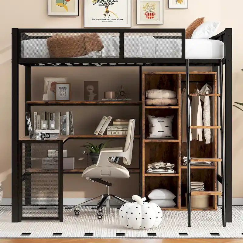 Lit mezzanine en métal grand format avec bureau, étagères à 3 niveaux et armoire ouverte, noir