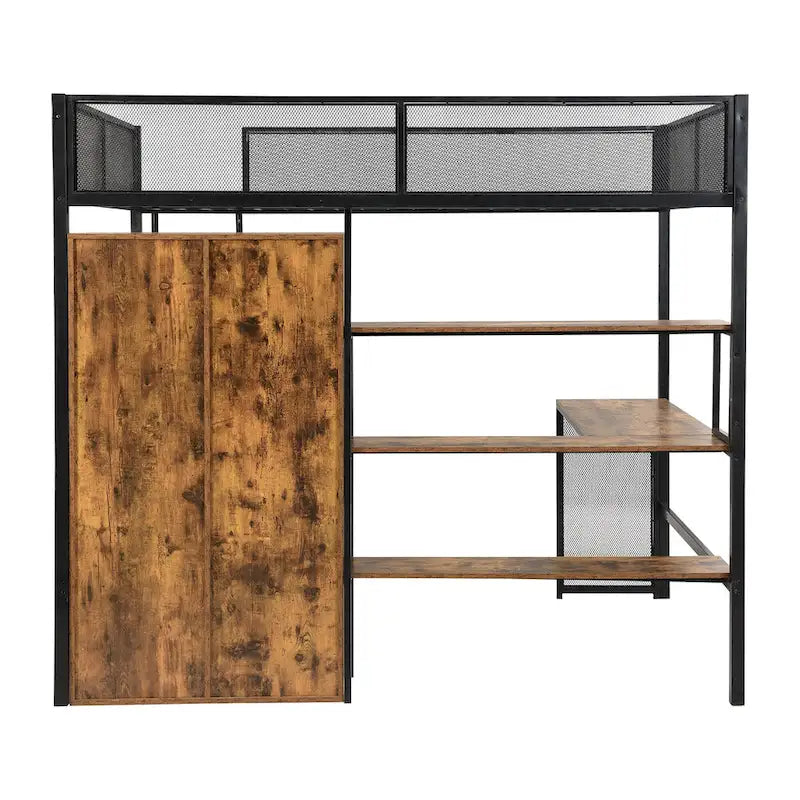 Lit mezzanine en métal grand format avec bureau, étagères à 3 niveaux et armoire ouverte, noir