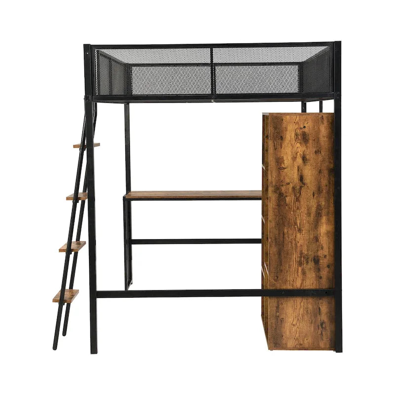 Lit mezzanine en métal grand format avec bureau, étagères à 3 niveaux et armoire ouverte, noir