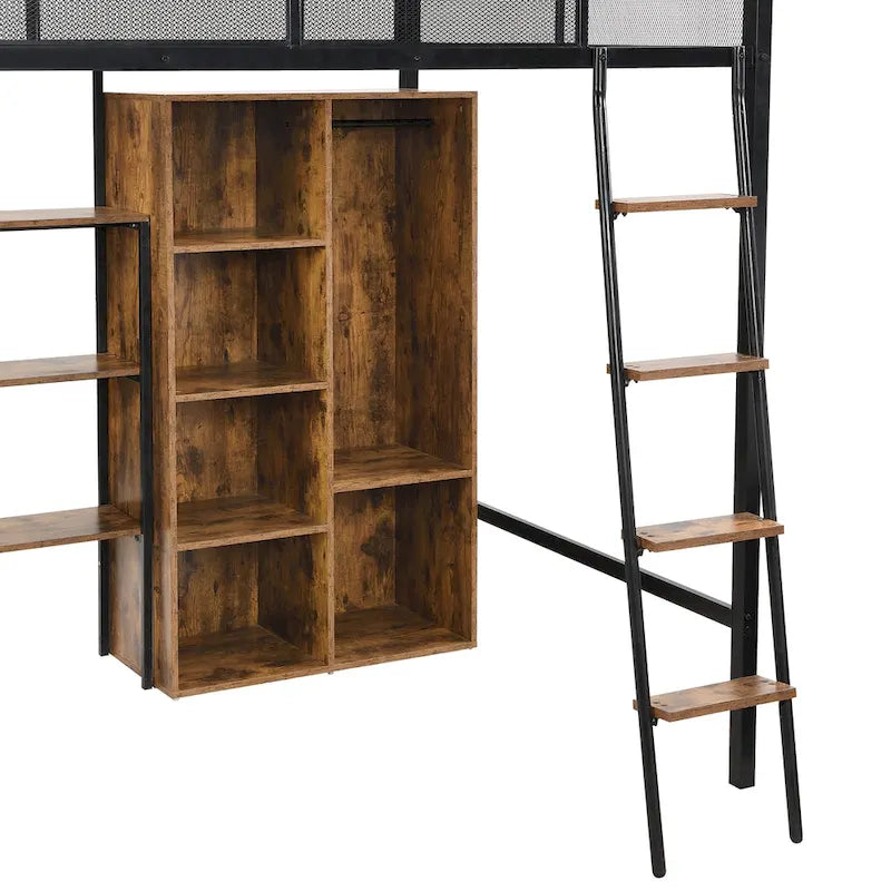 Lit mezzanine en métal grand format avec bureau, étagères à 3 niveaux et armoire ouverte, noir