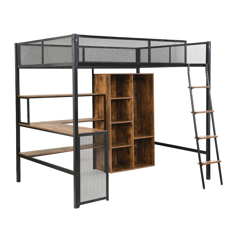 Lit mezzanine en métal grand format avec bureau, étagères à 3 niveaux et armoire ouverte, noir