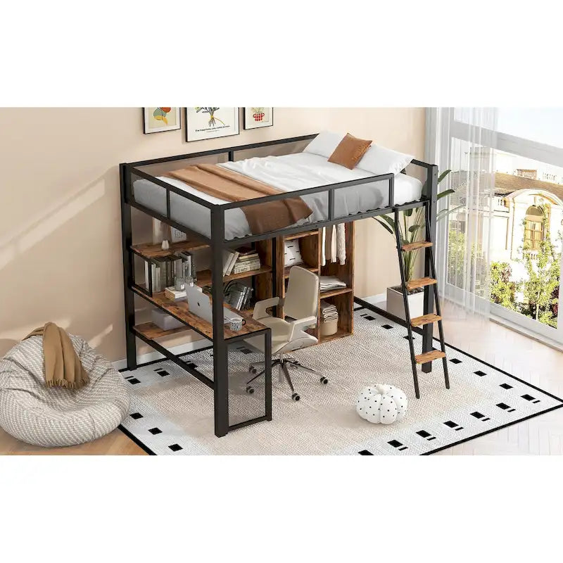 Lit mezzanine en métal grand format avec bureau, étagères à 3 niveaux et armoire ouverte, noir