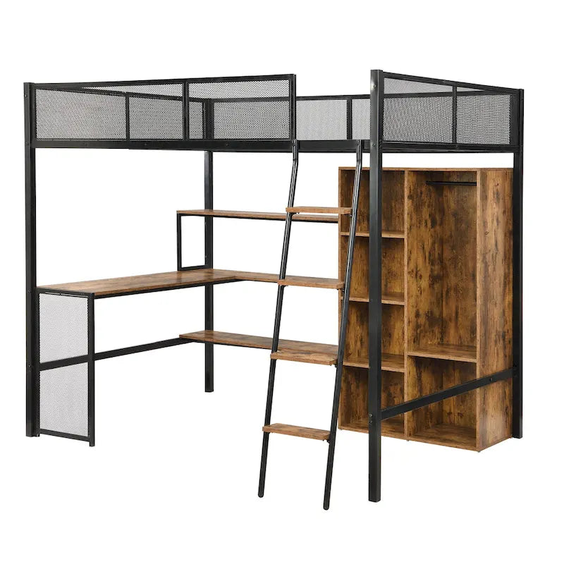 Lit mezzanine en métal grand format avec bureau, étagères à 3 niveaux et armoire ouverte, noir