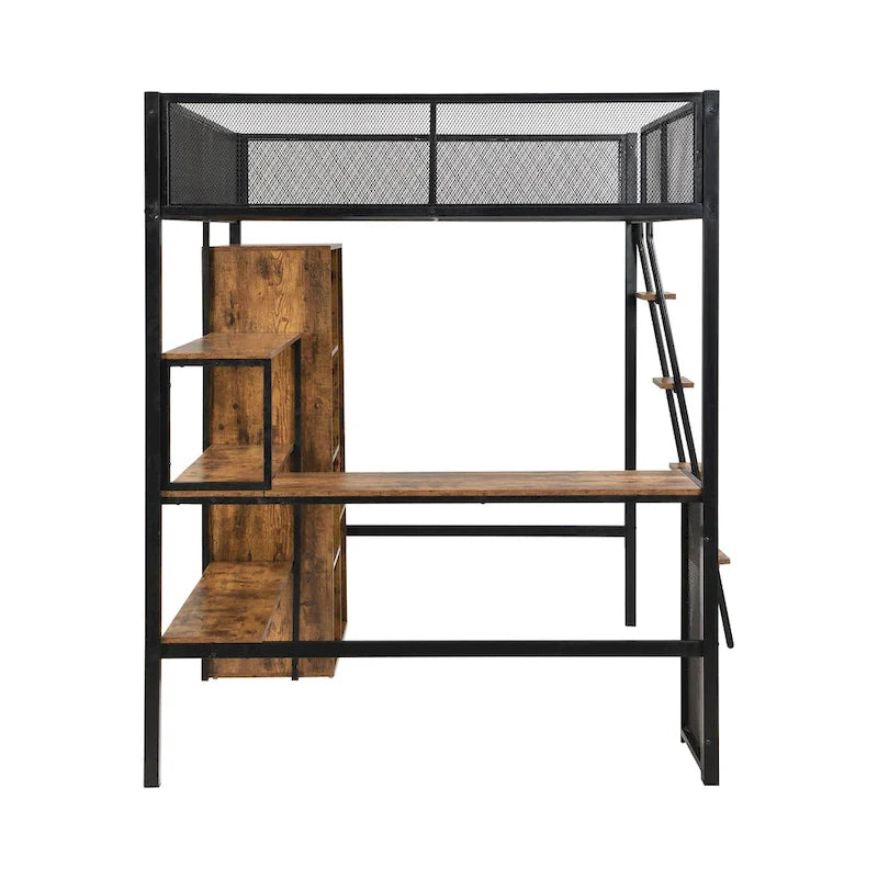 Lit mezzanine en métal grand format avec bureau, étagères à 3 niveaux et armoire ouverte, noir
