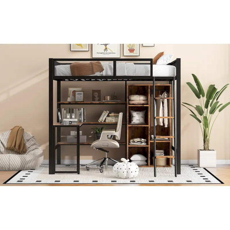 Lit mezzanine en métal grand format avec bureau, étagères à 3 niveaux et armoire ouverte, noir