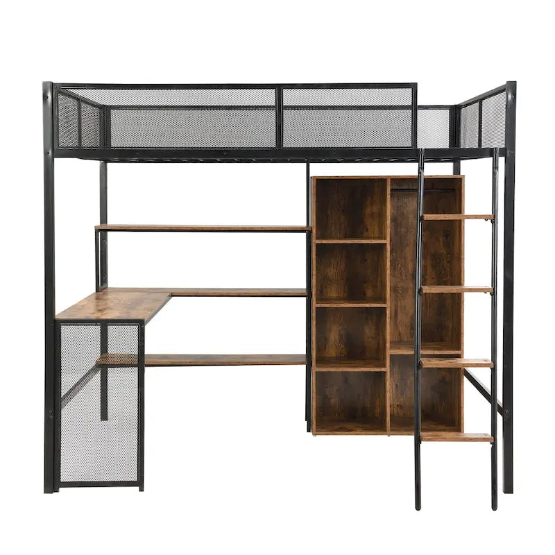 Lit mezzanine en métal grand format avec bureau, étagères à 3 niveaux et armoire ouverte, noir