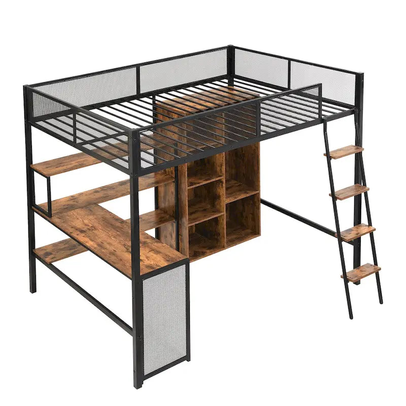 Lit mezzanine en métal grand format avec bureau, étagères à 3 niveaux et armoire ouverte, noir