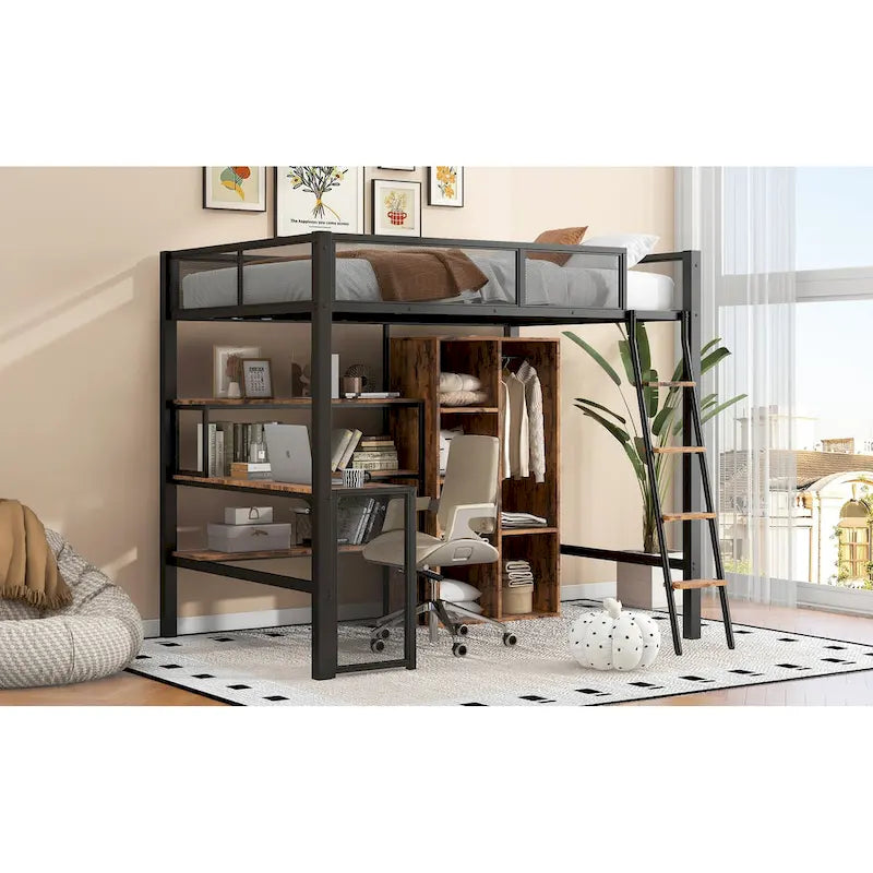 Lit mezzanine en métal grand format avec bureau, étagères à 3 niveaux et armoire ouverte, noir