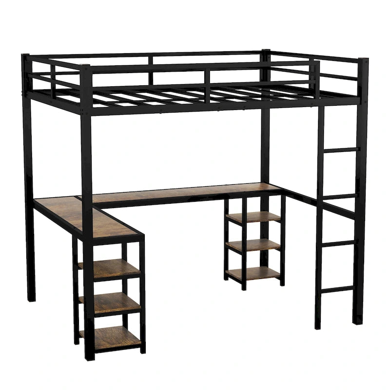 Twin XL Metal Loft Bed with L-Shaped Desk, Pegboard, LED Lights and Shelves, Black