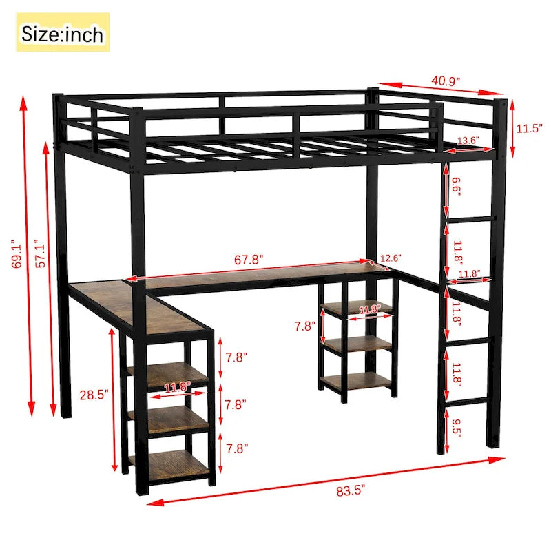 Twin XL Metal Loft Bed with L-Shaped Desk, Pegboard, LED Lights and Shelves, Black
