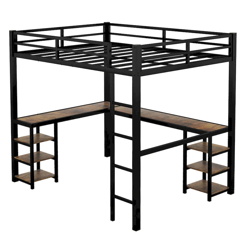 Twin XL Metal Loft Bed with L-Shaped Desk, Pegboard, LED Lights and Shelves, Black