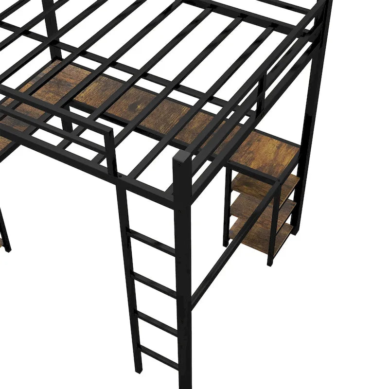 Twin XL Metal Loft Bed with L-Shaped Desk, Pegboard, LED Lights and Shelves, Black