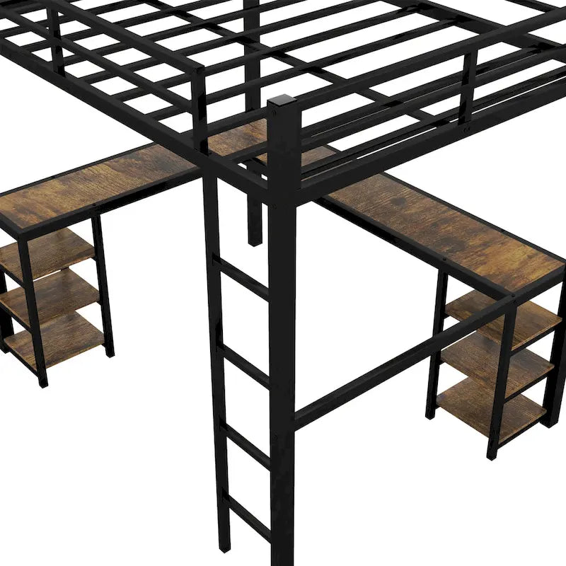 Twin XL Metal Loft Bed with L-Shaped Desk, Pegboard, LED Lights and Shelves, Black