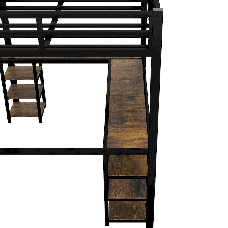 Twin XL Metal Loft Bed with L-Shaped Desk, Pegboard, LED Lights and Shelves, Black