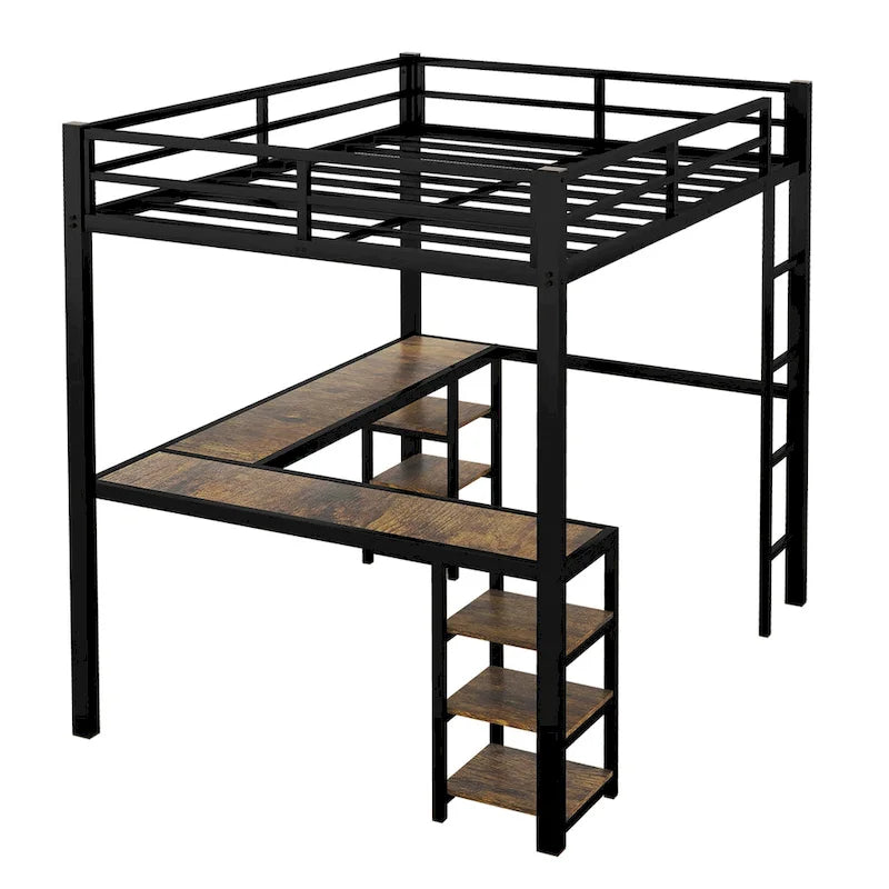 Twin XL Metal Loft Bed with L-Shaped Desk, Pegboard, LED Lights and Shelves, Black