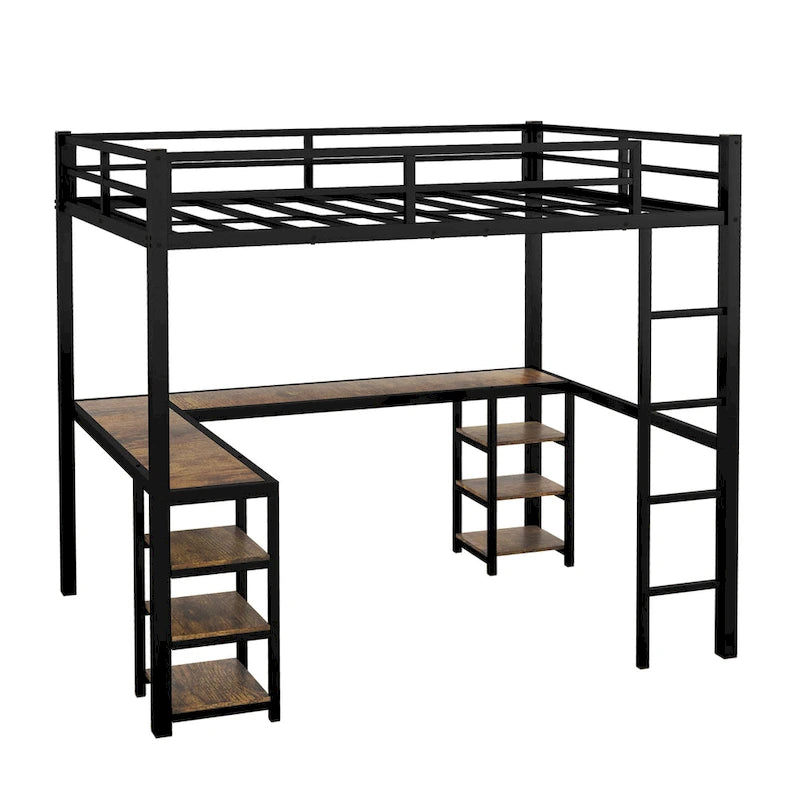 Twin XL Metal Loft Bed with L-Shaped Desk, Pegboard, LED Lights and Shelves, Black