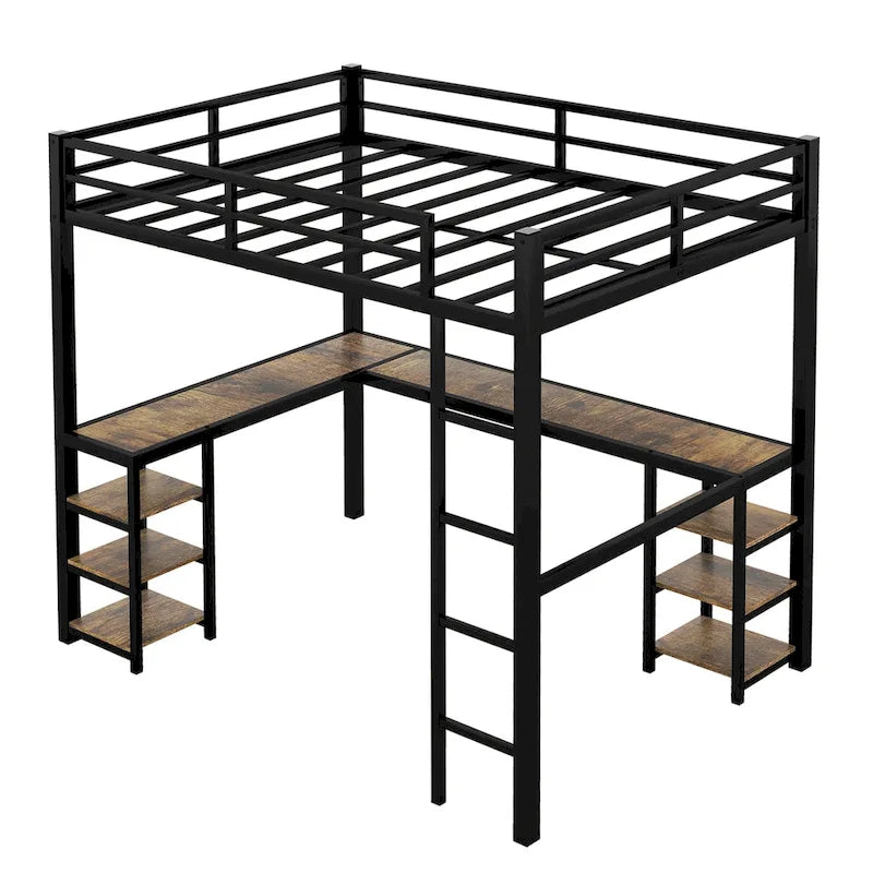 Twin XL Metal Loft Bed with L-Shaped Desk, Pegboard, LED Lights and Shelves, Black