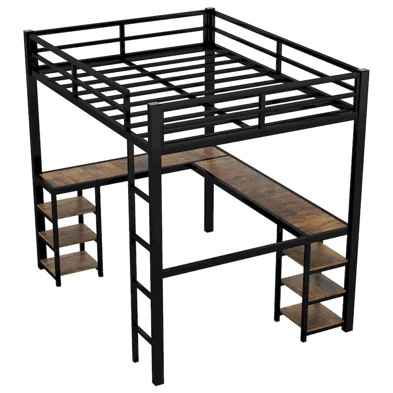 Twin XL Metal Loft Bed with L-Shaped Desk, Pegboard, LED Lights and Shelves, Black